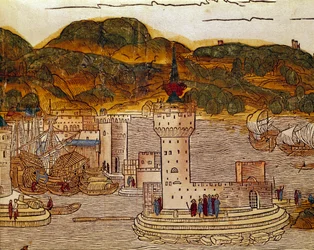 Vue du port de Candie (actuel Héraklion) en Crète Page du livre de voyages « peregrinatio in terram sanctam » après le pèlerinage en Terre Sainte de Bernard de Breydenbach (Breidenbach) (1454-1497) illustré par des gravures d