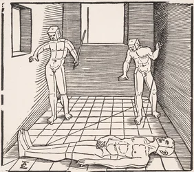 Trois figures masculines dans une pièce De: Unnderweissung der Proportzion