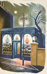 Pharmacie, illustration tirée de « High Street » de J. M. Richards, imprimée par la Curwen Press, publiée par Country Life, 1938