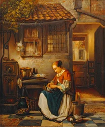 Femme plumant une volaille dans une cour - A woman plucking poultry in a courtyard …