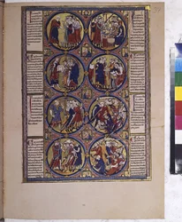Pleine page : huit médaillons renfermant des miniatures et accompagnés d