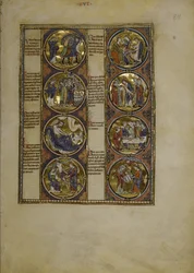 Pleine page : huit médaillons renfermant des miniatures et accompagnés d