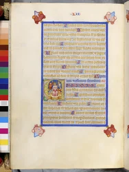 Pleine page : texte encadré avec initiale "A" historiée : La couronne d