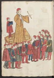 Pleine page : miniature : un charlatan se tient sur une table et vante les mérites de ses médicaments miraculeux (miniature)