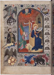 Pleine page : miniature, bordure avec le donateur Guillaume de Monfort en train de prier