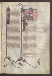 Pleine page : texte et initiales historiées, vers 1300 (peinture à la détrempe)