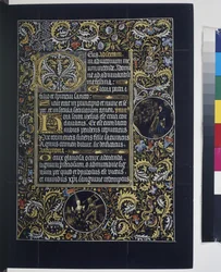 Page entière : texte avec initiales, avec des médaillons dans les bordures de rinceaux, troisième quart du XVe siècle