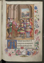Pleine page : texte avec miniature, initiale zoomorphe et décoration marginale (miniature)