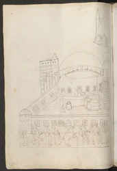 Dessin à la plume : cour intérieure d