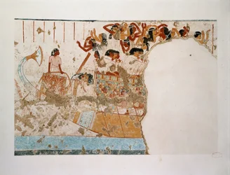 Femmes gémissantes traversant le Nil dans une barque funéraire ...
