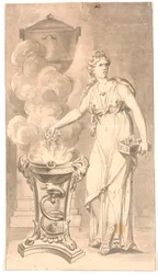 Femme en Costume Classique Offrant des Fleurs dans un Bol d