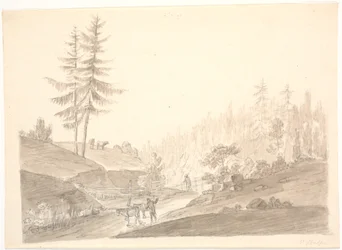 Paysage montagneux norvégien avec du bétail et deux hommes