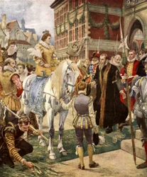 La reine Élisabeth ouvrant la Bourse royale (lithographie en couleur)