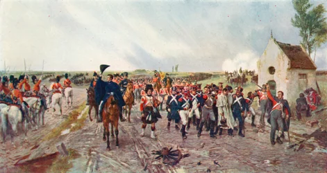 La marche de Wellington de Quatre Bras à Waterloo (lithographie couleur)