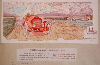 Arthur Duray dans sa Lorraine-Dietrich remportant le rallye Moscou-Saint-Pétersbourg en 1907, vers 1910