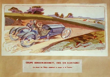 La voiture Richard-Brasier conduite par Léon Théry lors de la course Gordon-Bennett en Auvergne en 1905, vers 1910