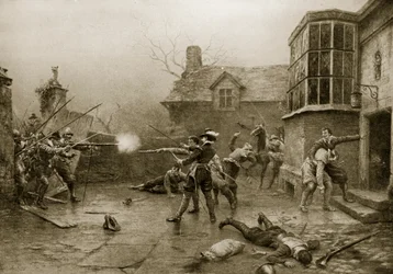 La dernière résistance des conspirateurs de la Conspiration des poudres, 1606, illustration tirée de « Hutchinson