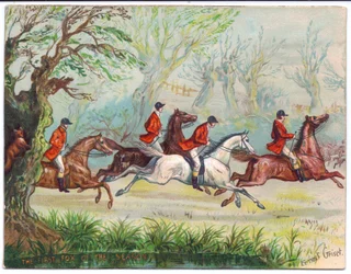 Carte de vœux victorienne de chasseurs de renards courant tandis que le renard se cache dans un arbre, c.1880