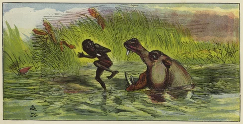 Homme Ashanti menacé par un hippopotame