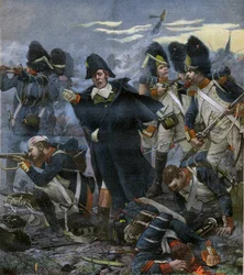 Général Pierre Cambronne (1770-1842) aux côtés de ses troupes à la bataille de Waterloo - gravure d