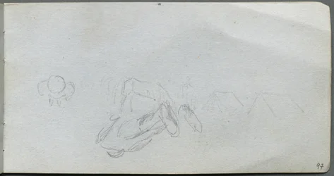 Carnet de croquis, page 97 : Étude de figures, bâtiments