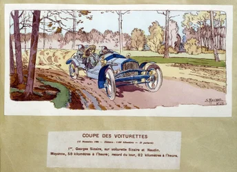 Course automobile : la coupe des chars en 1906 - dessin par Ernest Montaut