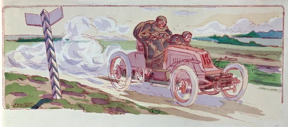 Henri Fournier dans sa Mors participant au rallye Paris-Berlin en 1901, vers 1910
