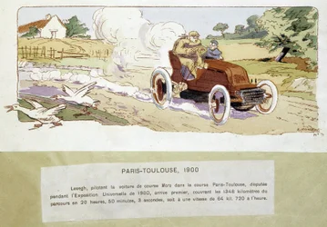 La course Paris - Toulouse en 1900, dessin par Ernest Montaut (1878-1909)