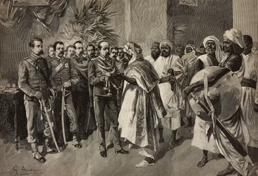 Le général Tancredi Saletta offrant une épée à Kantibai, chef des Abab, Massawa, guerre érythréenne, gravure par Ernesto Mancastroppa d