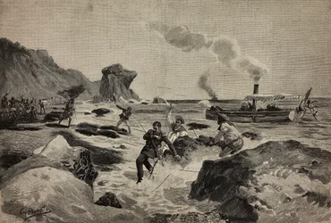 Mort du lieutenant Carlo Zavagli (1867-1890) à Warsheikh, en Somalie, 24 avril, gravure d