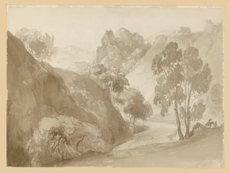 Vallée fluviale et paysage montagneux, avec personnages sur le chemin