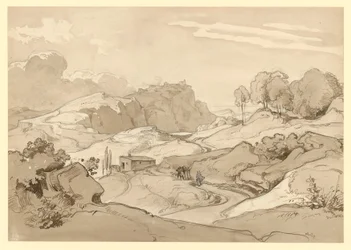 Paysage italien avec collines rocheuses et arbres, une cabane et des figures de staffage au bord du chemin