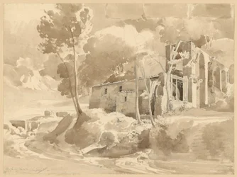 Paysage avec rivière et aqueduc avec moulin près de Massa