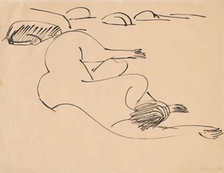 Erna allongée sur la plage parmi les rochers, 1912