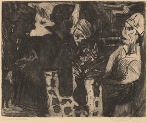 Femmes à une table dans une pièce recto Femme nue verso, 1920