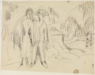 Couple de paysans devant un paysage montagneux