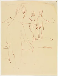 Trois personnages debout en plein air