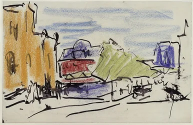 Paysage fluvial avec maisons et passerelle