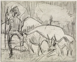 Berger avec des chèvres/Versant de montagne avec des personnes et des chèvres