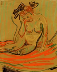 Nu féminin accroupi avec bras appuyé