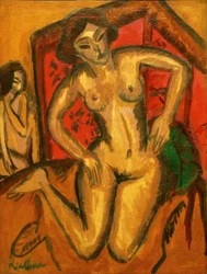 Fille nue agenouillée devant un paravent rouge
