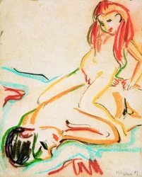 Homme nu couché avec enfant sur le dos