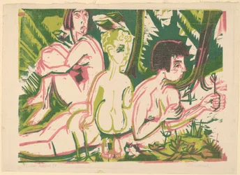 Femmes nues avec un enfant dans la forêt