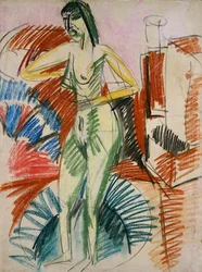 Femme nue debout, dans une baignoire