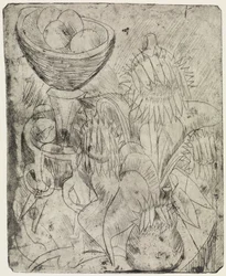 Nature morte aux tournesols et coupe de fruits / Foule de passants et tramway