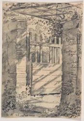 Une porte de jardin ouverte, ombragée par des feuilles de vigne