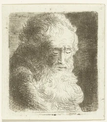 Vieil homme avec barbe regardant vers le bas : trois quarts, vers la droite