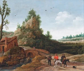 Un paysage avec des voyageurs traversant un pont devant une petite habitation, des cavaliers au premier plan