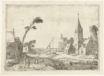 Vue de village avec fermes, église et puits (Paysages couchés)