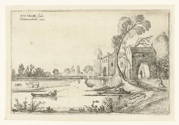 Paysage avec une rivière et un portail